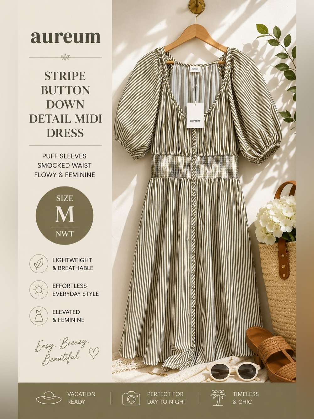 Aureum Stripe Button Down Detail Midi Dress Olive Cream Cotton Size M NWT